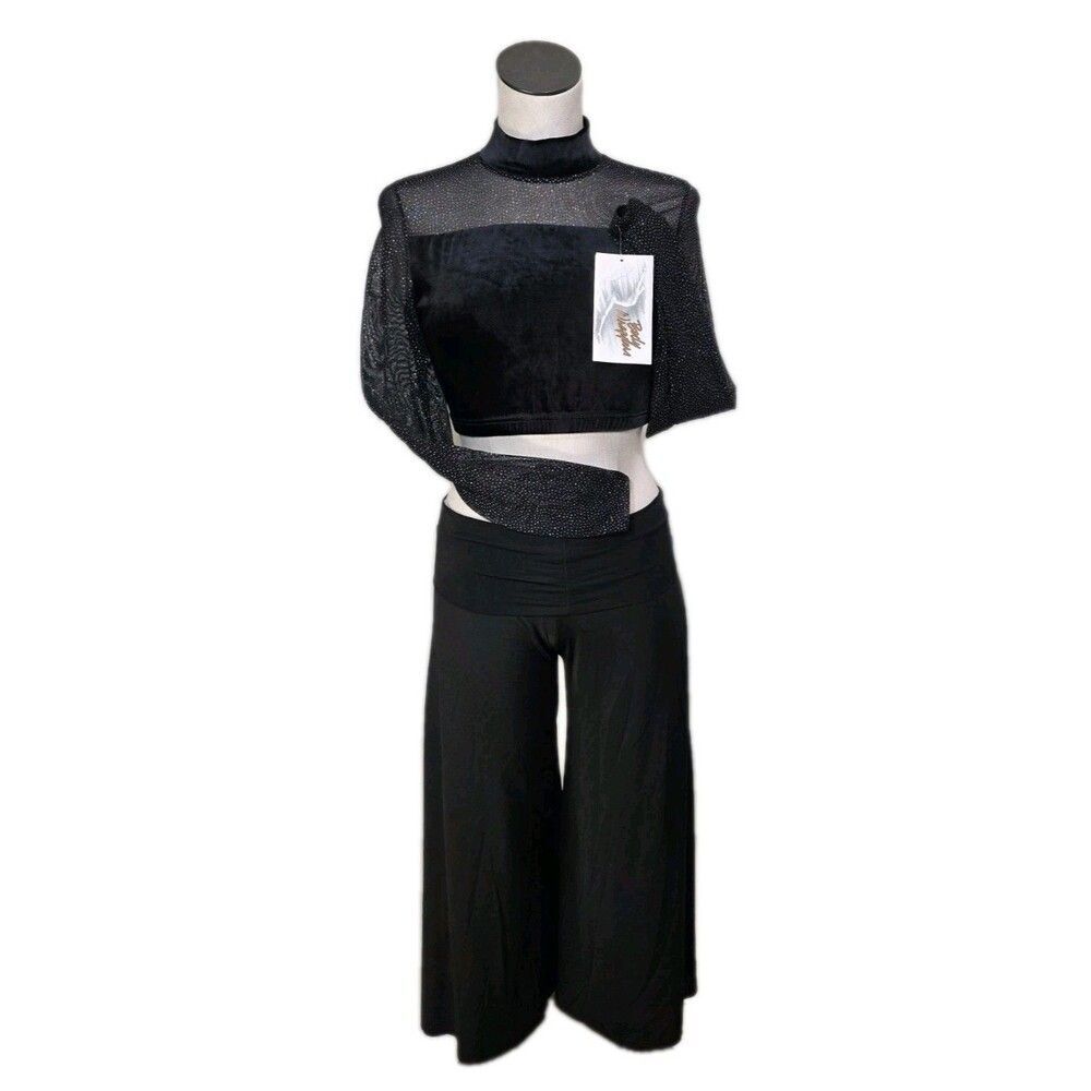 Body Wrappers VTG 90s Mesh Velvet Mock Neck Dance Midriff Glitter Top Adult L - Picture 5 of 16